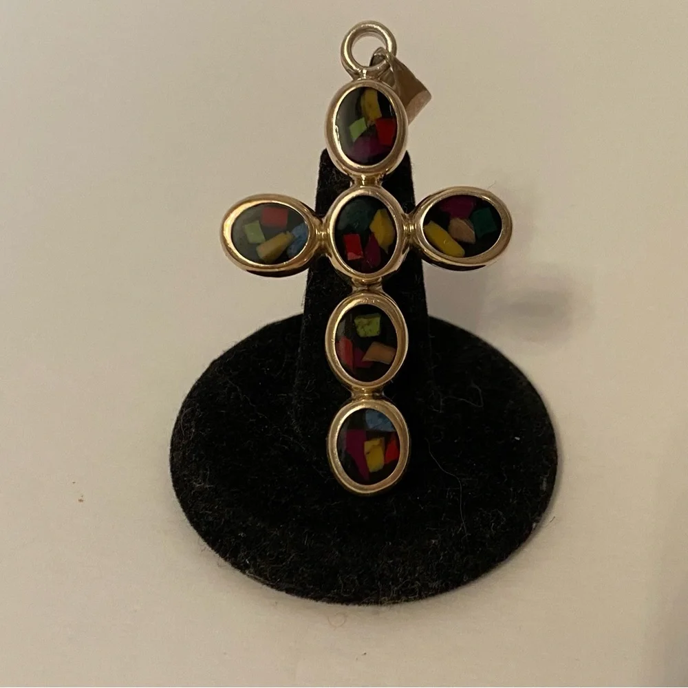 ATI 925 STERLING SILVER MULTI COLOR INLAY CROSS PENDANT BLACK 13.2g CHARM